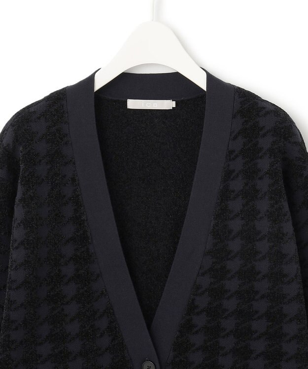 ICB L 【洗える】ハウンドトゥースパターン Vネックカーディガン ネイビー系