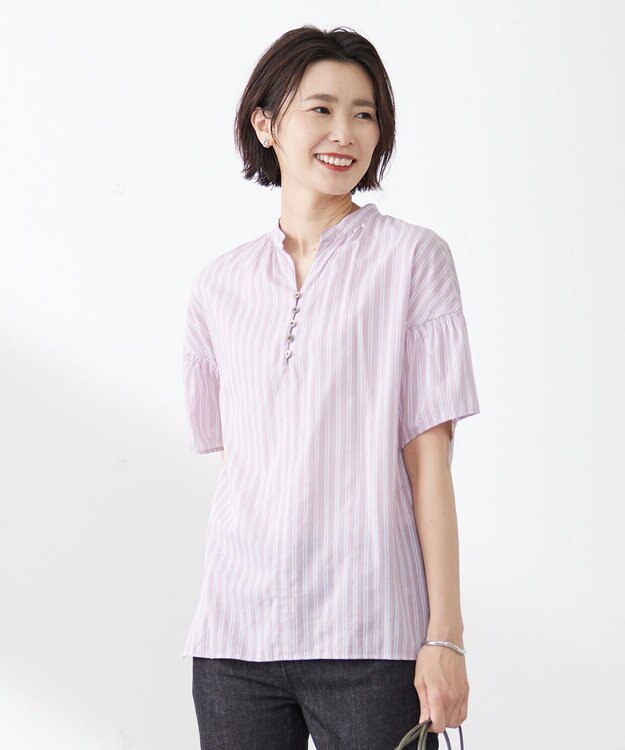 J.PRESS LADIES 【洗える】綿キュプラコードストライプ キーネック ブラウス ピンク系1