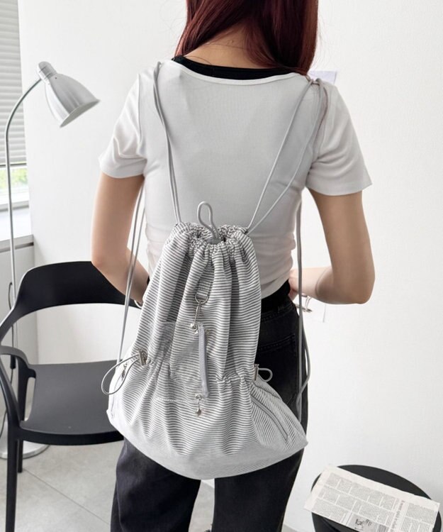 WEGO クリアポーチ付きナップサック グレーボーダー