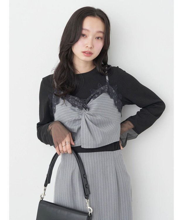 earth music&ecology ピンストライプ胸元レースビスチェ Stripe Light Gray