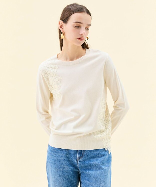 BEIGE， 【ご好評により新色追加！洗える】WILLOW / アシンメトリーレースクルーネックニット Ecru×Ecru