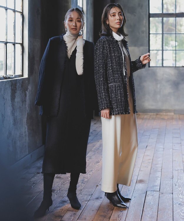 ICB 【セットアップ着用可能】ロービングツイード ノーカラージャケット ブラック×オフホワイト系