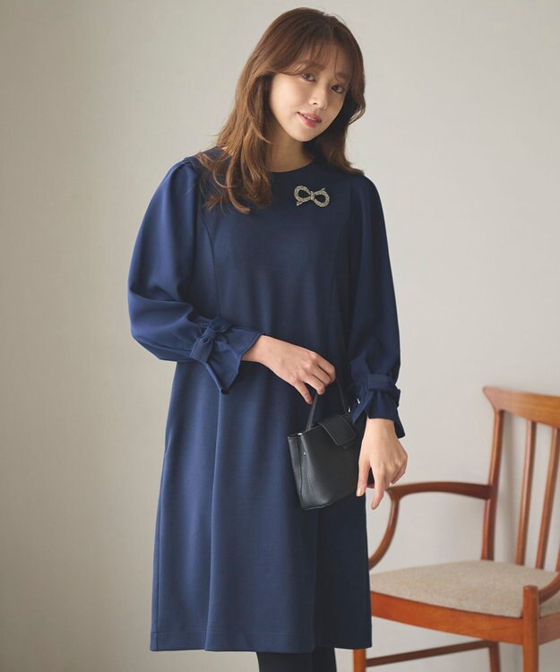 Feroux 【洗える】リボンスリーブダンボール ワンピース ネイビー系