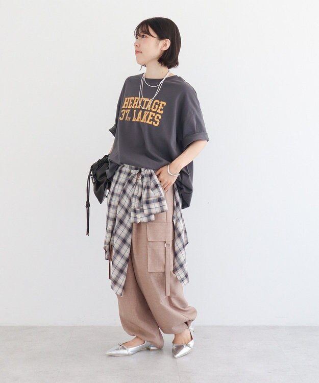 Green Parks カレッジロゴ刺繍５分袖チュニック Charcoal Gray