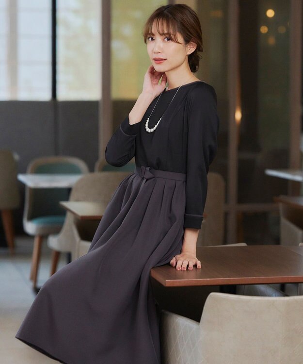 Tiaclasse L 【洗える】バックルベルト付き配色フレアワンピース ブラック