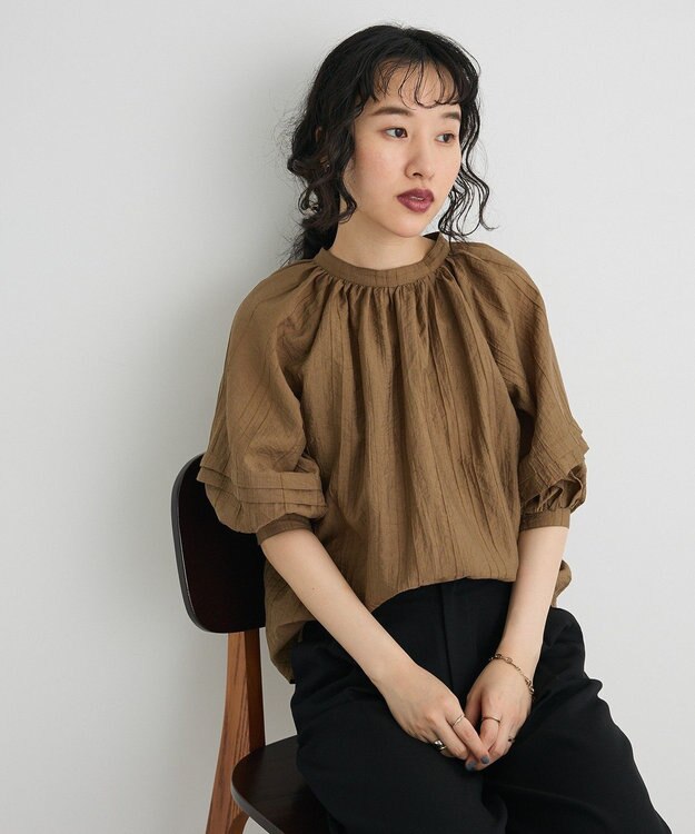CRAFT STANDARD BOUTIQUE ストライプジャカードパフスリーブブラウス Brown