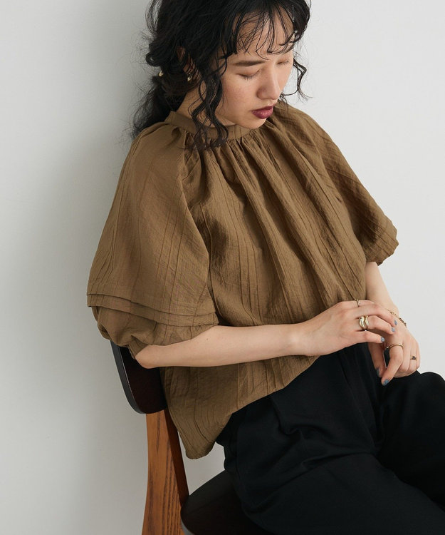 CRAFT STANDARD BOUTIQUE ストライプジャカードパフスリーブブラウス Brown