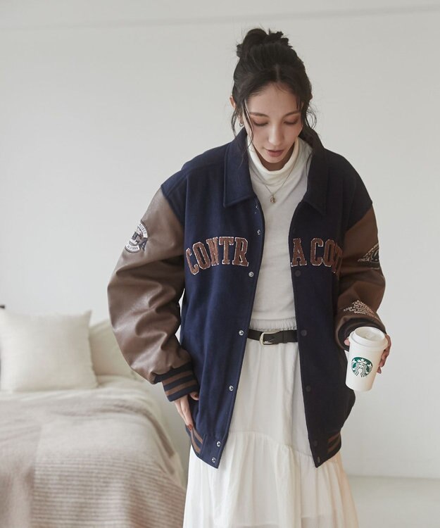 WEGO 【ユニセックス着用ITEM/SMLサイズ展開】メルトンワッペンスタジャン ネイビー