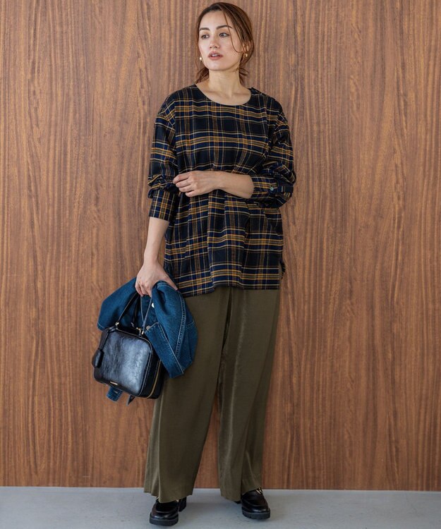 23区 L 【Lサイズ限定】ブラッシュド ビエラチェック ノーカラーブラウス ネイビー系