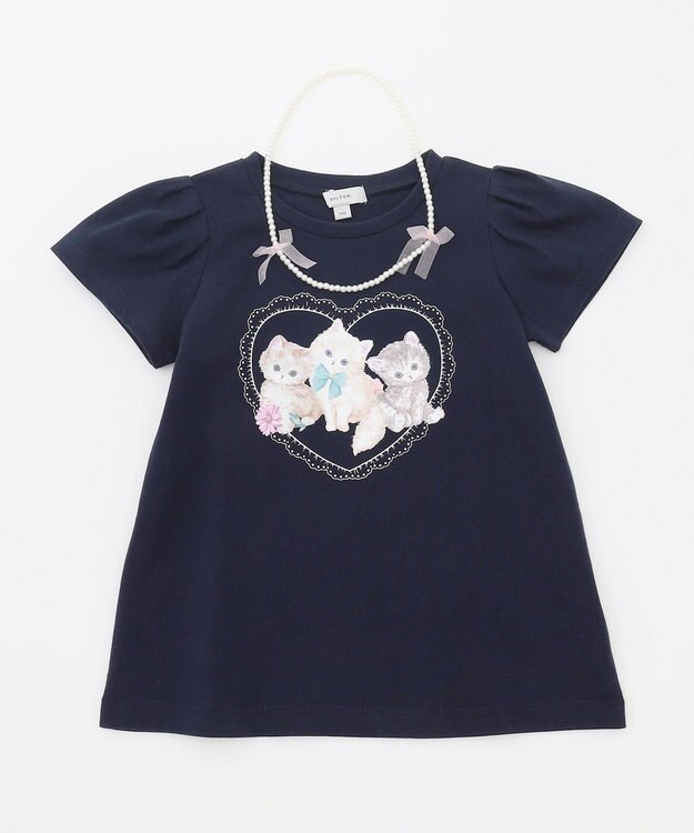 ANY KIDS ネックレス付き ネコTシャツ ネイビー