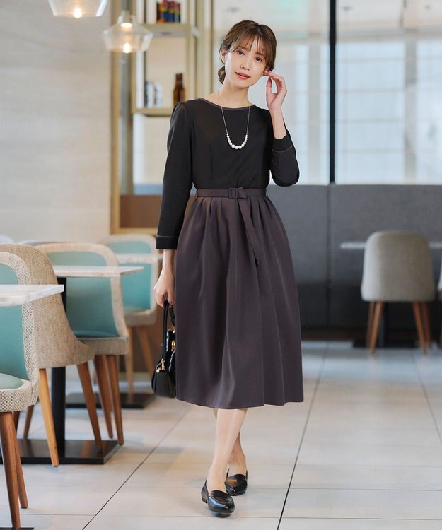 Tiaclasse L 【洗える】バックルベルト付き配色フレアワンピース ブラック