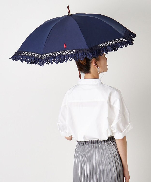 MOONBAT 【遮光/晴雨兼用日傘】POLO RALPH LAUREN(ポロ ラルフローレン) エンブフリル 長傘 遮熱 UV ディープブルー