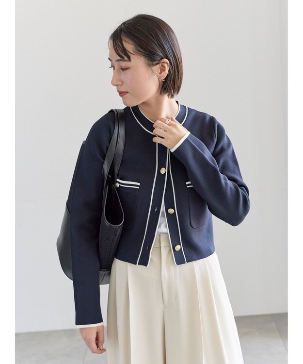 Te chichi ミラノリブ配色ラインカーディガン ネイビー