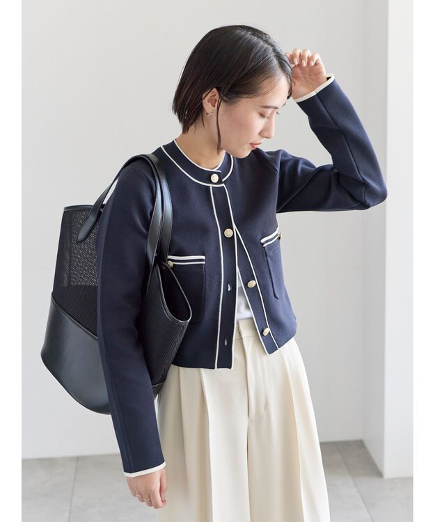 Te chichi ミラノリブ配色ラインカーディガン ネイビー