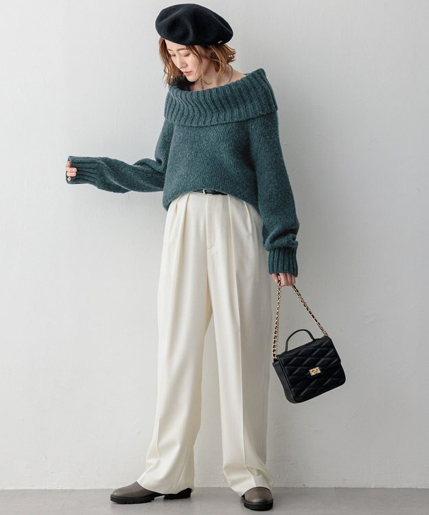 23区 S 【洗える】エアリーベビーアルパカ ボリュームカラー ニット グリーン系