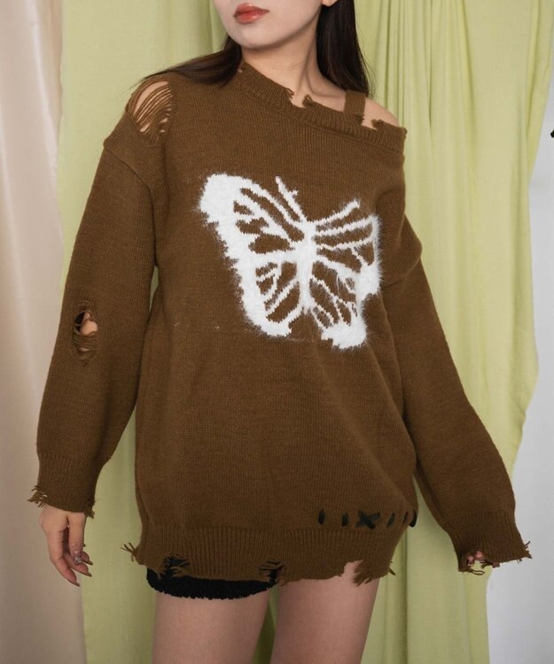 WEGO バタフライダメージワンショルダーニット ブラウン