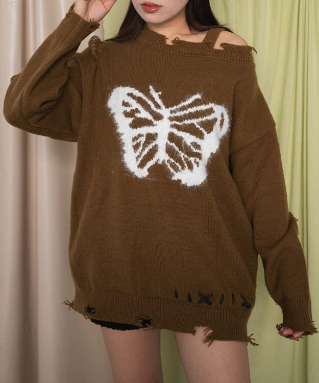 WEGO バタフライダメージワンショルダーニット ブラウン