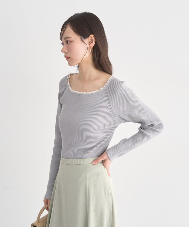 earth music&ecology 【予約】レーストリムリブニットプルオーバー グレー