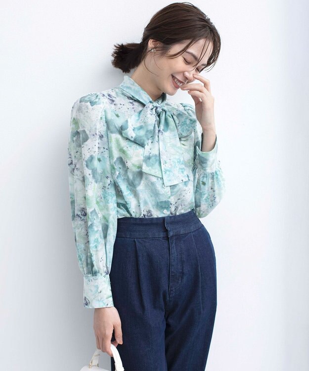 組曲 【前後着用可】ピオニーシフォンプリント ボウタイブラウス グリーン系5