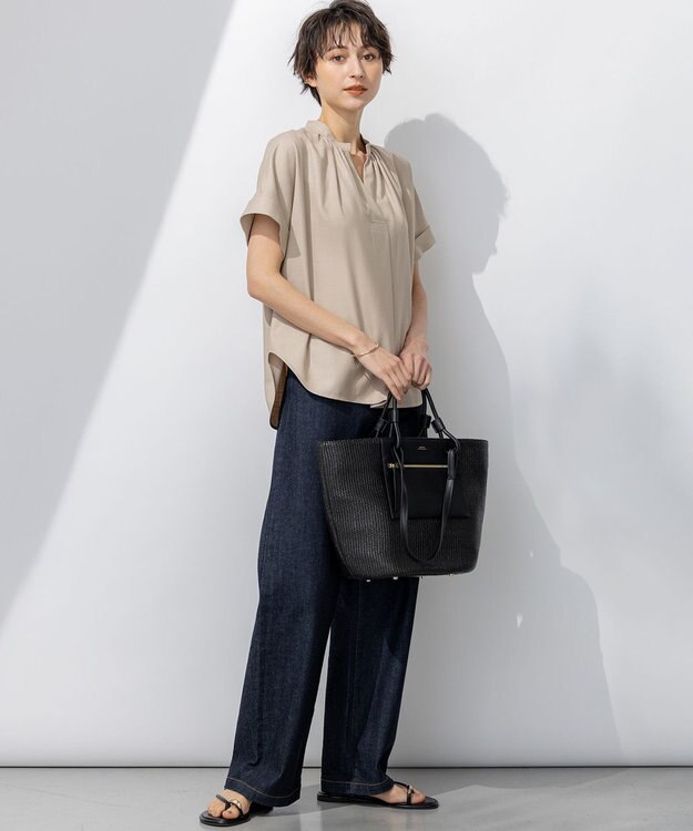 23区 【接触冷感/UVカット】ドライスラブストレッチ スキッパー ブラウス ベージュ系