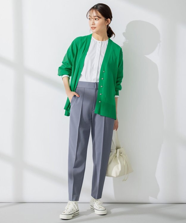 組曲 【ビジューボタン・アンサンブル対応】ハイゲージ ロングVネックカーディガン ダークグリーン系