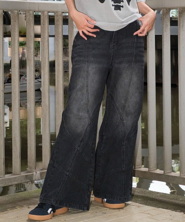 WEGO 【ユニセックス着用ITEM】スウィッチングフレアデニムパンツ デニムブラックソノタ