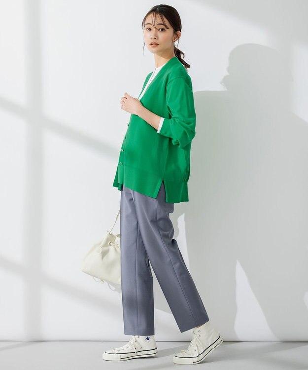 組曲 【ビジューボタン・アンサンブル対応】ハイゲージ ロングVネックカーディガン ダークグリーン系