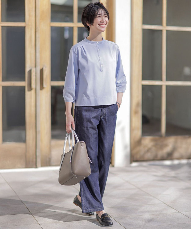 J.PRESS LADIES 【洗える】プレーティングジャージー バンドカラー カットソー サックス系