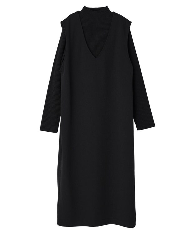 earth music&ecology ＳＥＴ２点Ｖネックジャンスカ＋ハイネックニット Black