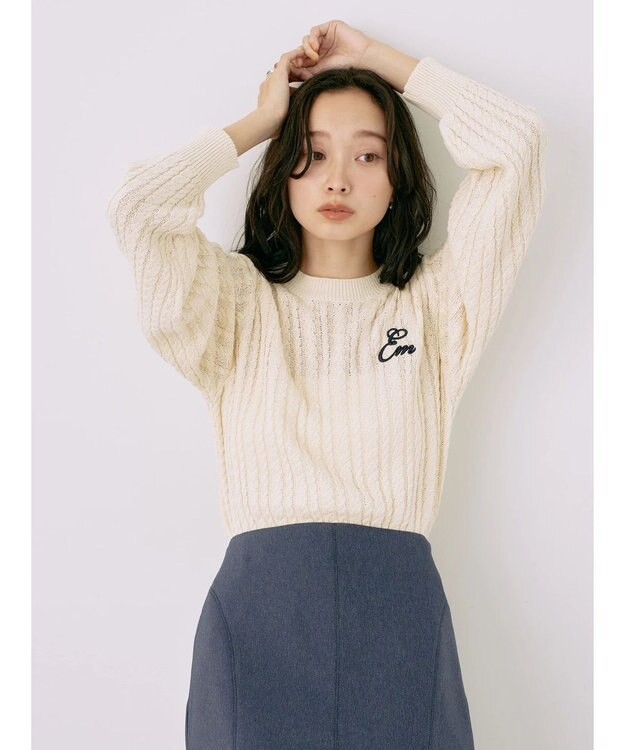 earth music&ecology 刺繍入りケーブルニットプルオーバー Ivory