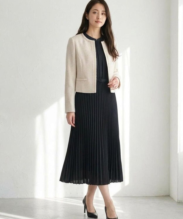 ANY SIS リップルボーダーストレッチ ノーカラージャケット シャンブレーベージュ