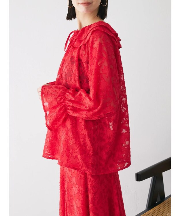 Green Parks シアージャガード花柄フリルブラウス Red