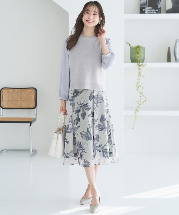 ANY SIS L 【洗える】メッシュフラワープリント スカート ネイビー系