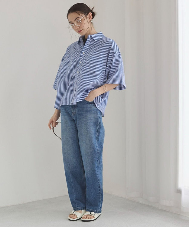 WEGO 【ANGIE VINTAGE】キャンブリックボイルオーバー半袖シャツ ブルーストライプ