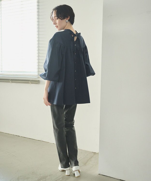 #Newans 【アイロンいらず】バストカットギャザーブラウス ネイビー