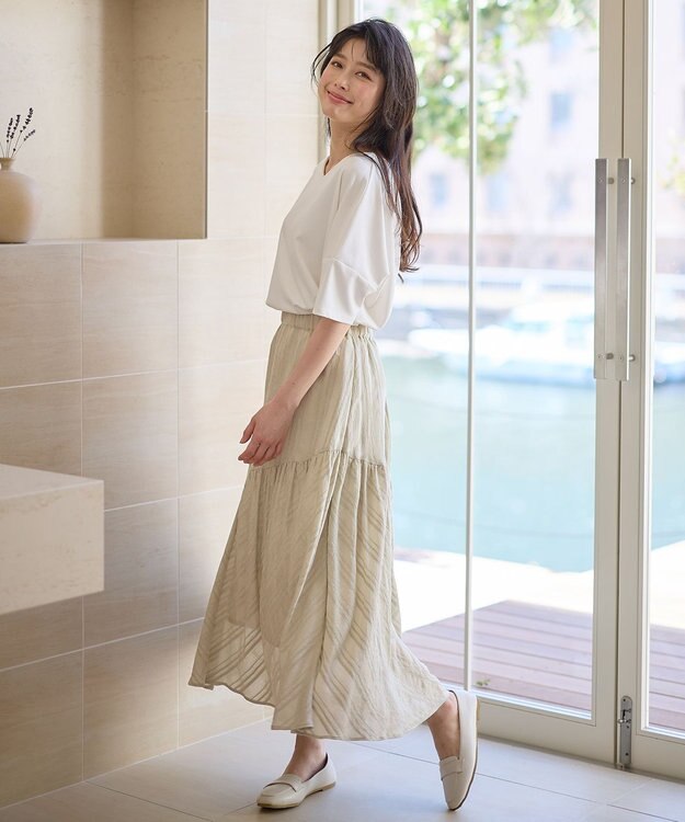 ANY 【ウエストゴム】モールストライプティアードスカート ベージュ