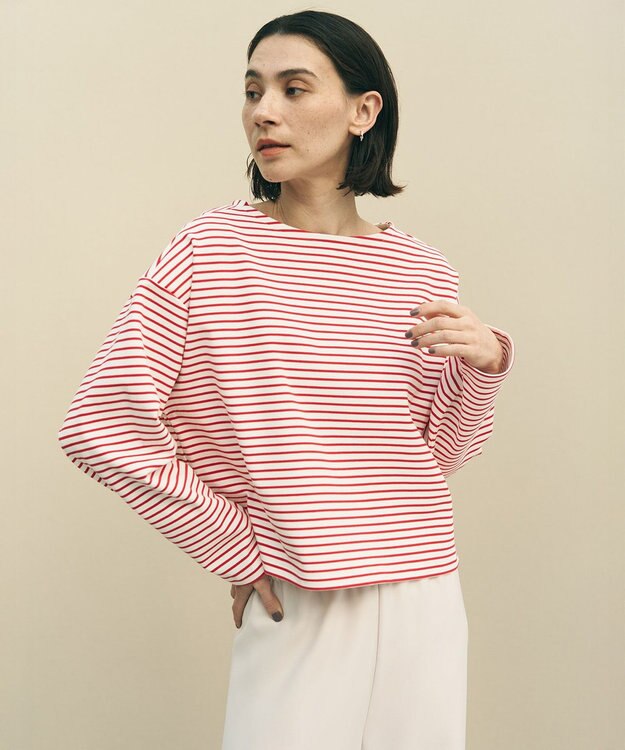 UNFILO ドライタッチリブ バックZIP ボーダートップス オフ×レッド