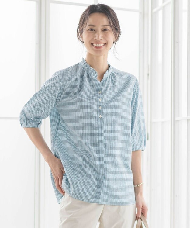 J.PRESS LADIES S 【洗える】アセVis ギンガム フリル襟 ブラウス シーグリーン系3