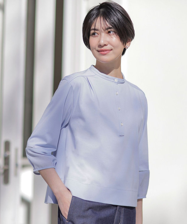 J.PRESS LADIES 【洗える】プレーティングジャージー バンドカラー カットソー サックス系