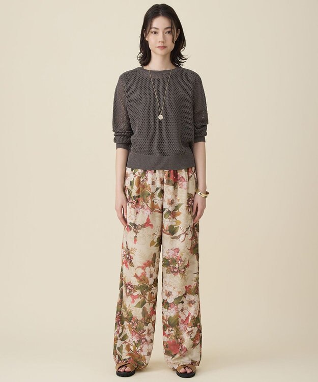 自由区 ボタニカルプリントドロスト パンツ ライトベージュ系