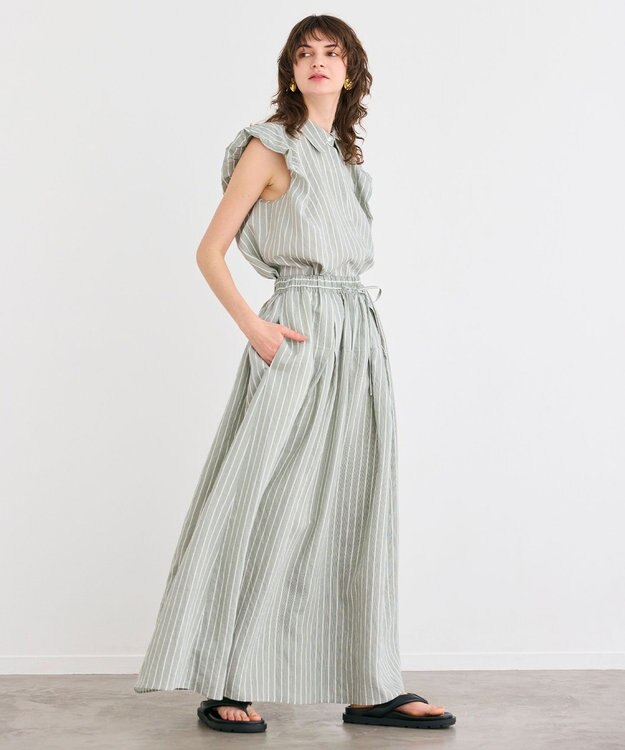 BEIGE， 【洗える】FREESIA / イージーウエストストライプフレアスカート Green Stripe