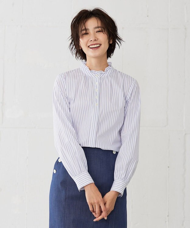 J.PRESS LADIES 【洗える】 BEZ VEGA フリル ストライプ ブラウス ネイビー系1