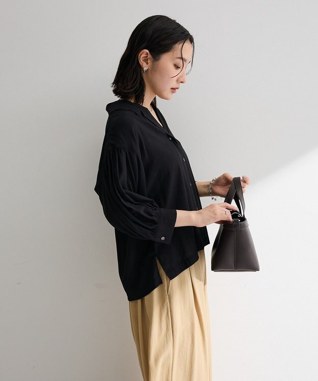 Green Parks 接触冷感シルキータッチローンオープンカラーシャツ Black