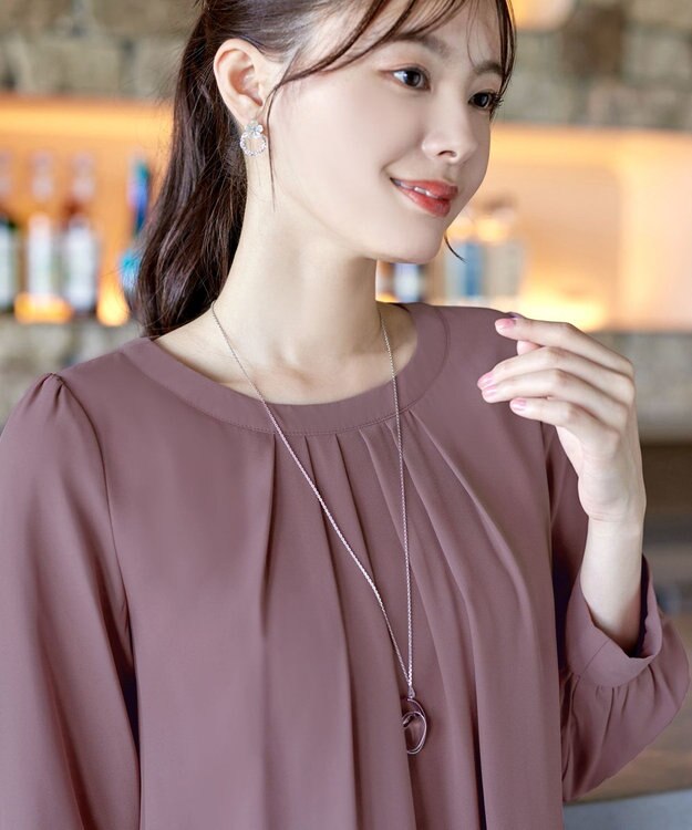 Tiaclasse L 【新色追加・洗える】裏起毛ジョーゼット胸元タックチュニックブラウス ピンク