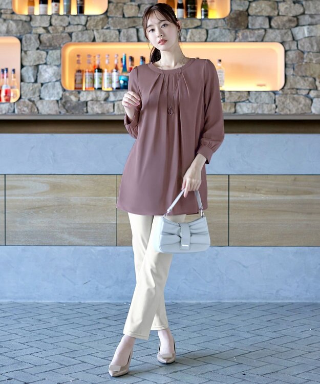 Tiaclasse L 【新色追加・洗える】裏起毛ジョーゼット胸元タックチュニックブラウス ピンク