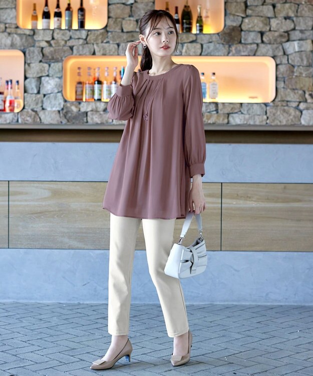 Tiaclasse L 【新色追加・洗える】裏起毛ジョーゼット胸元タックチュニックブラウス ピンク