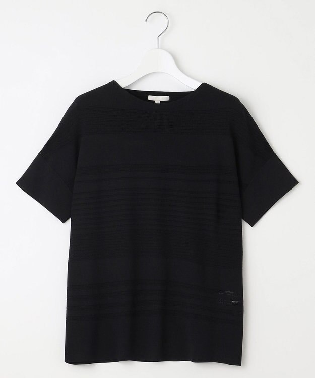 自由区 【UVカット・洗える】クレープストレッチボーダー ニット ブラック