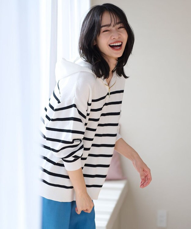 ANY 【洗濯機可】ハーフジップアップ ニットフーディ オフ×ブラック