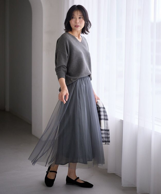 ANY 【ウエストゴム】シャイニーチュールスカート チャコール