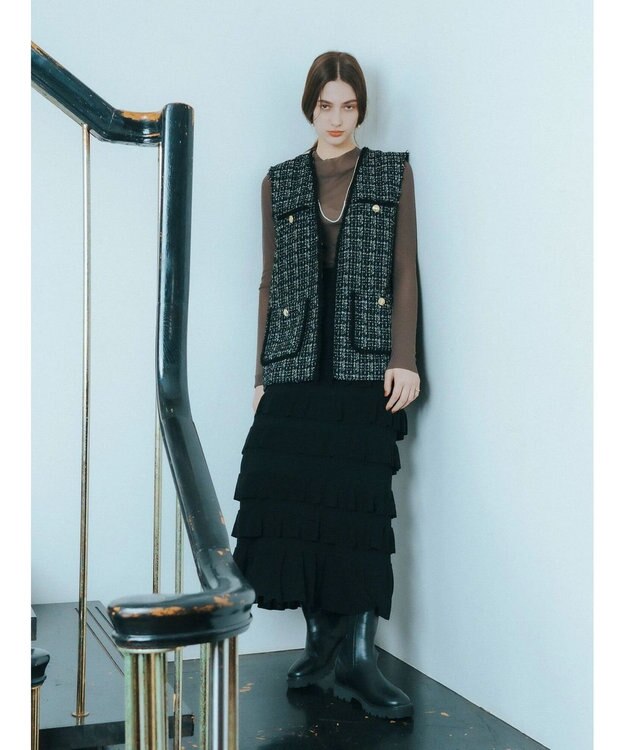 YECCA VECCA ティアードフリルラメニットスカート Black